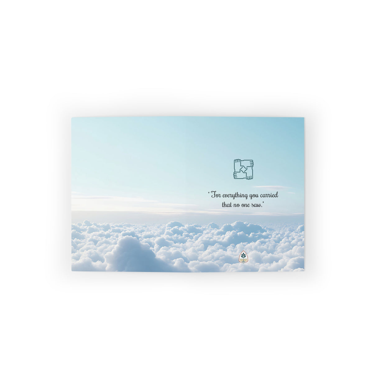 Nurse Greeting Cards — Root Thank You card opened flat showing the front quote over teal clouds