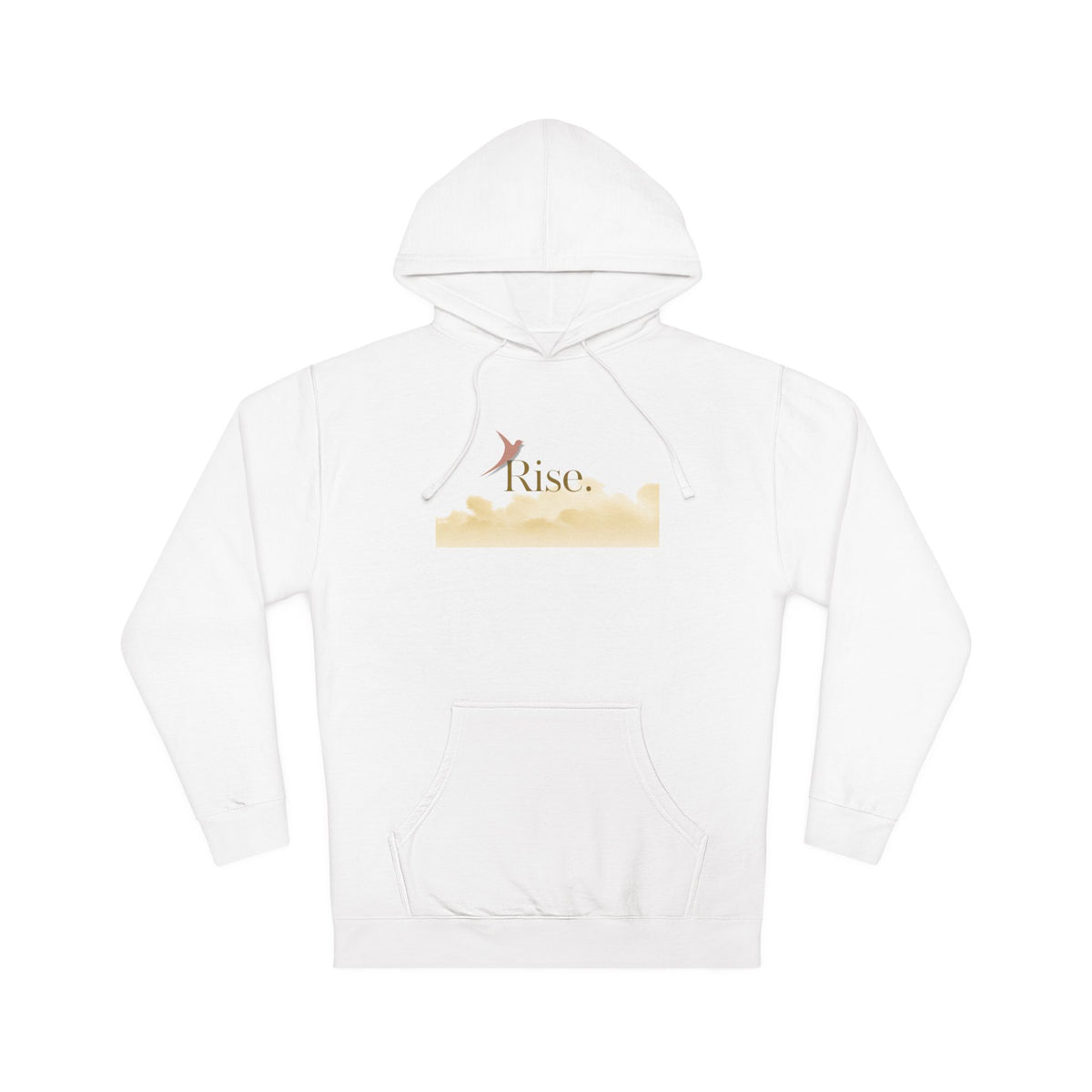 Nurse Pullover Hoodie in White — "Rise." in gold with a terracotta rising bird over a pale gold cloud bank, front view