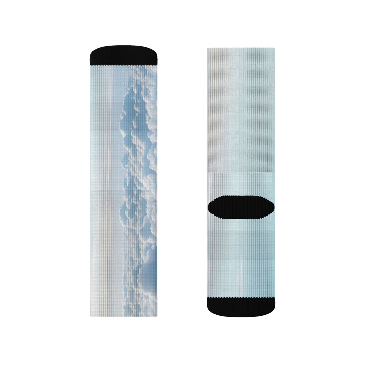 Nurse Crew Socks in light blue and white — blue sky cloud print with black toe and heel — flat layout of two panels, cloud print and plain light blue, shorter length