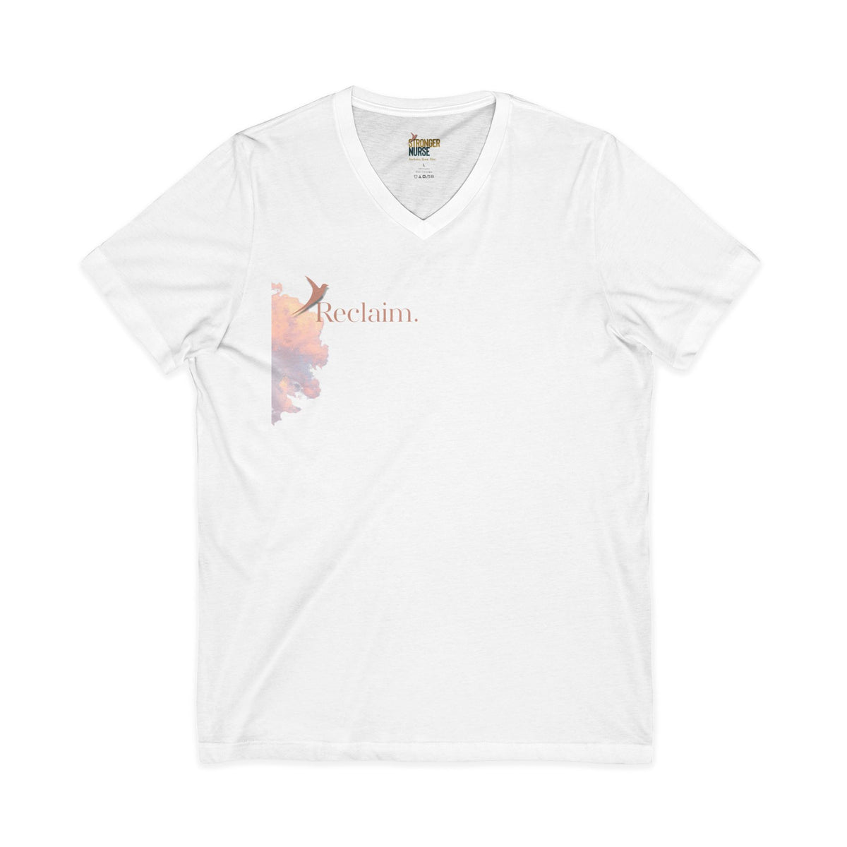 Nurse V-Neck Tee in white — small left-chest "Reclaim." in terracotta with a rising bird beside a pink and orange watercolor splash, front view
