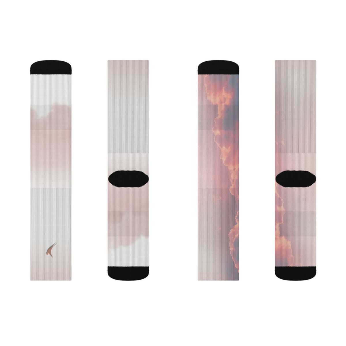 Nurse Crew Socks in blush pink and white — pink sunset cloud print with black toe and heel — flat layout of the front and back panels of both socks