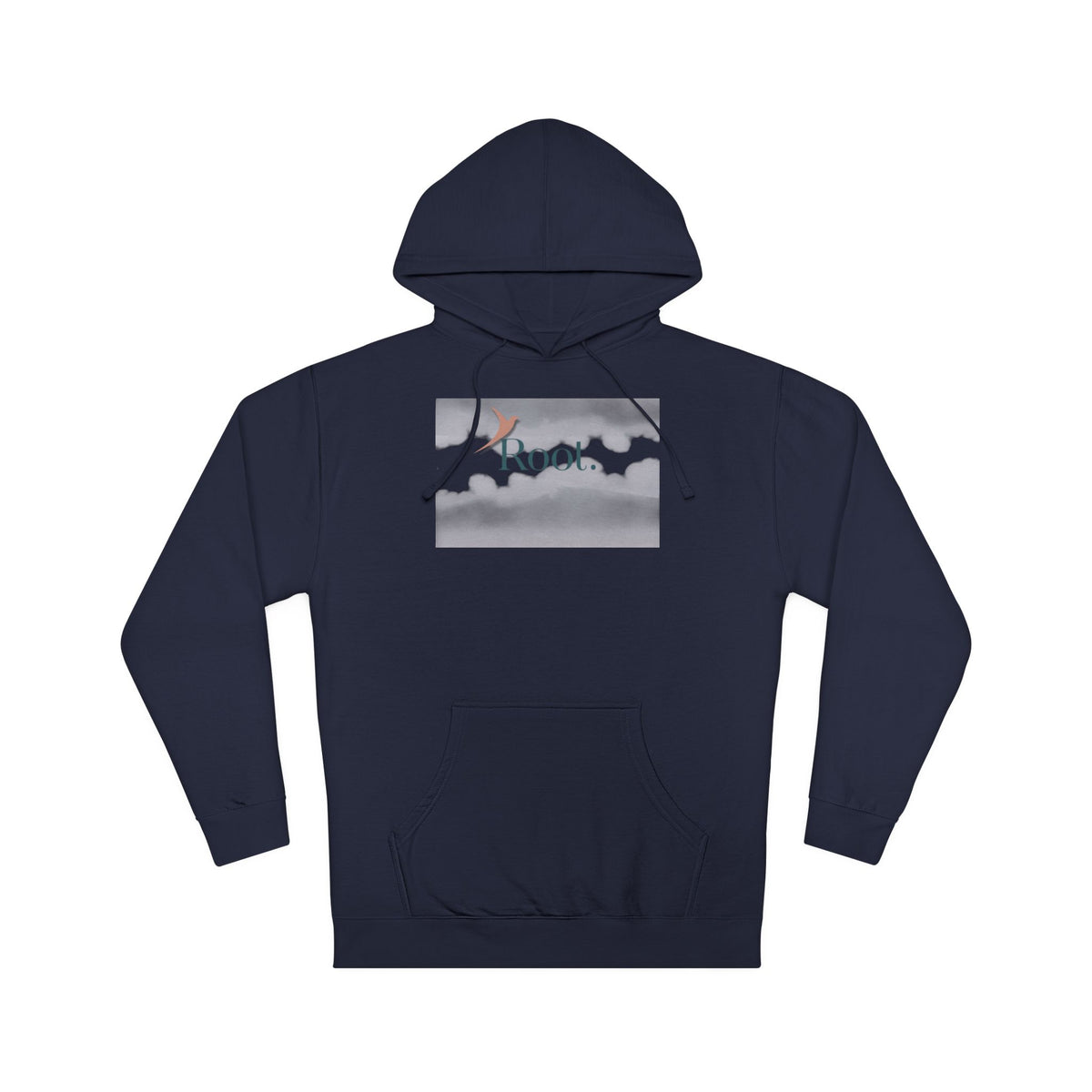 Nurse Pullover Hoodie in Classic Navy — "Root." in dark teal with a terracotta rising bird over a gray cloud panel, front view