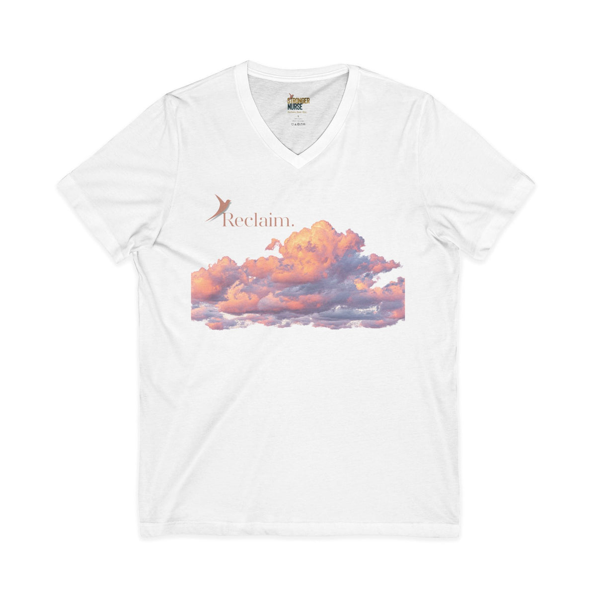 Nurse V-Neck Tee in white — "Reclaim." in terracotta with a rising bird above a sunset-orange cloud band, front view