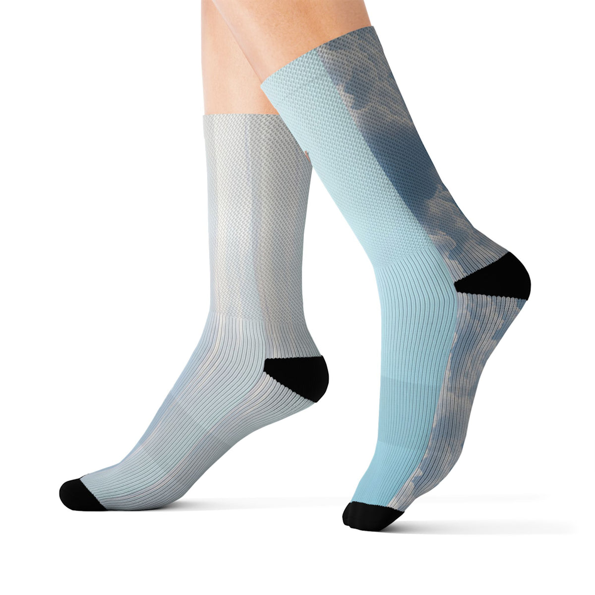 Nurse Crew Socks in light blue and white — blue sky cloud print with black toe and heel — worn side view