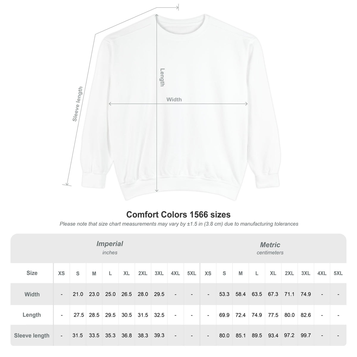 Embroidered Nurse Crewneck size chart — Comfort Colors 1566 width, length and sleeve measurements for sizes XS to 5XL, in inches and centimeters