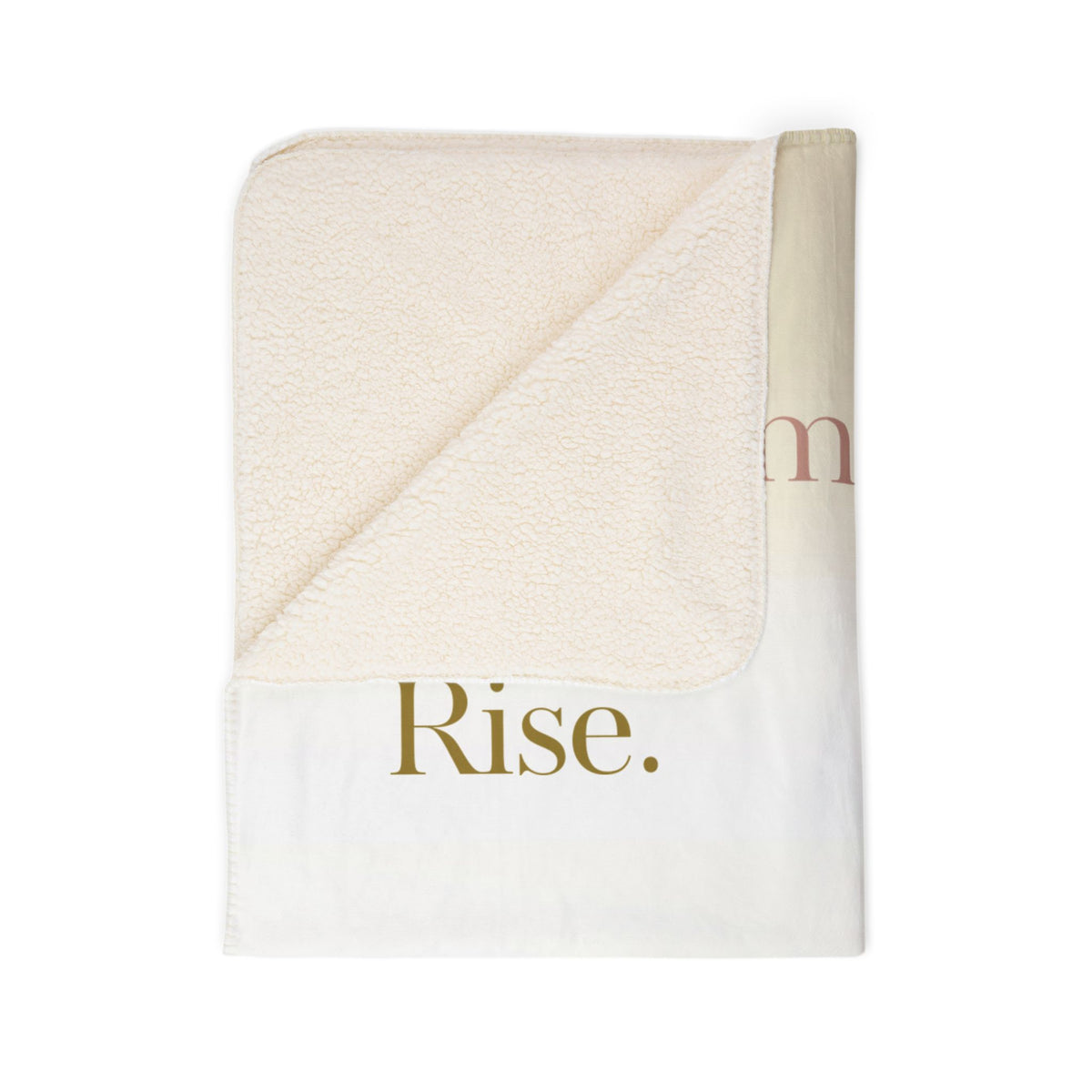 Nurse Sherpa Blanket, folded — cream sherpa fleece back with "Rise." in gold visible on the front