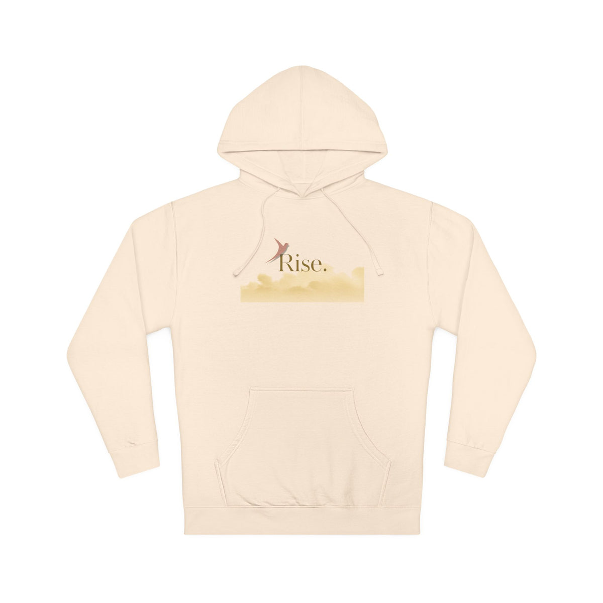 Nurse Pullover Hoodie in Bone — "Rise." in gold with a terracotta rising bird over a pale gold cloud bank, front view