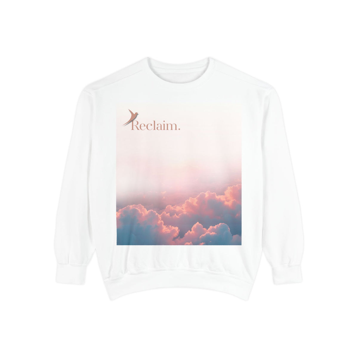 Nurse Crewneck Sweatshirt in white — "Reclaim." in terracotta with a rising bird over a pink sunset clouds print, front view