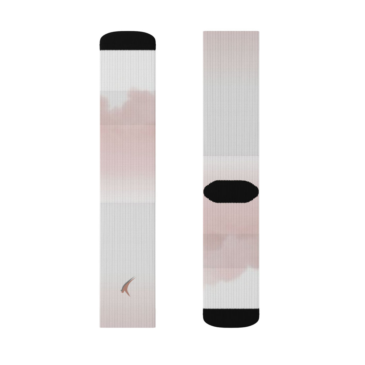 Nurse Crew Socks in blush pink and white — pink sunset cloud print with black toe and heel — flat layout of two panels with a terracotta bird detail