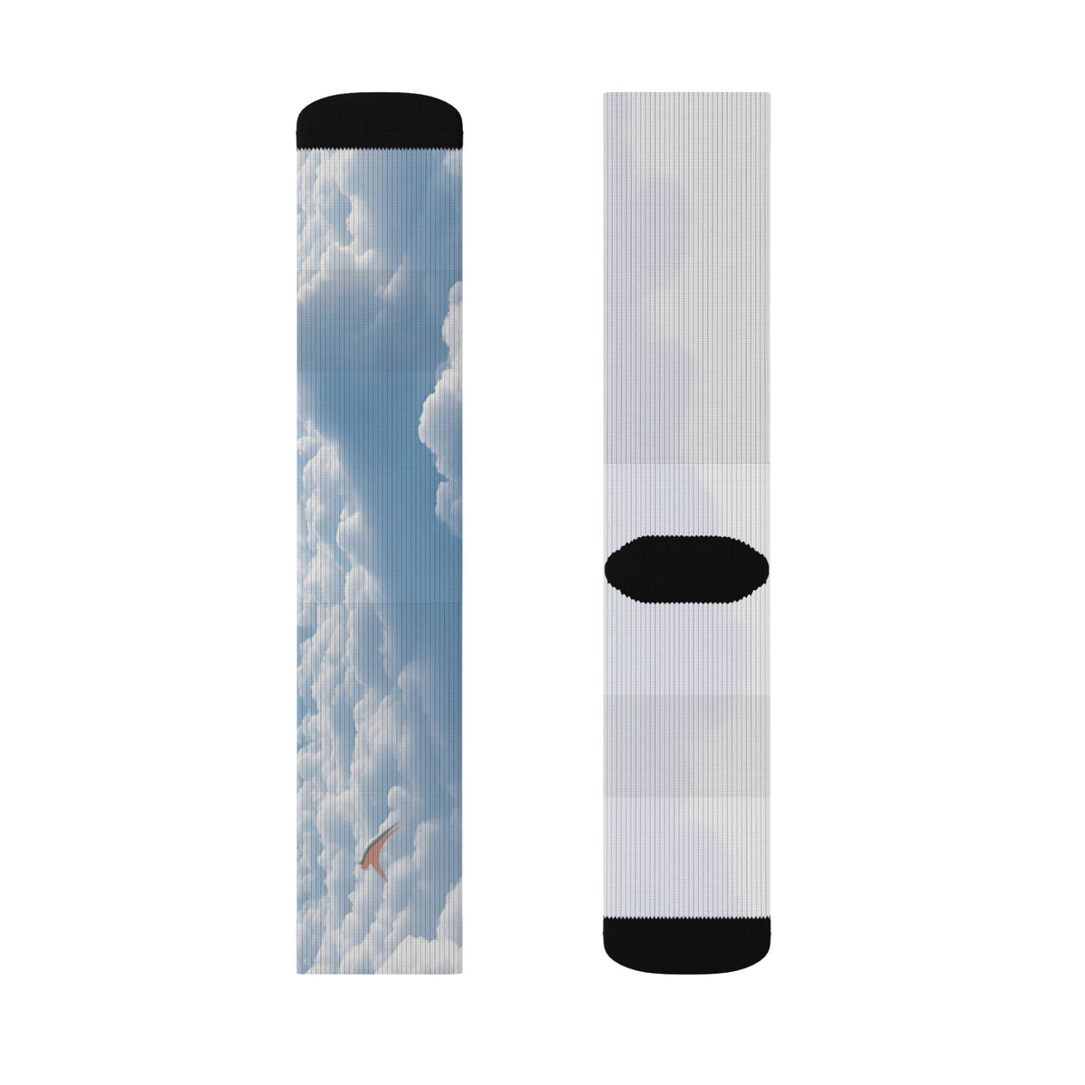 Nurse Crew Socks in blue and white — blue sky and white cloud print with black toe and heel — flat layout of two panels, cloud print with a terracotta bird and plain white back