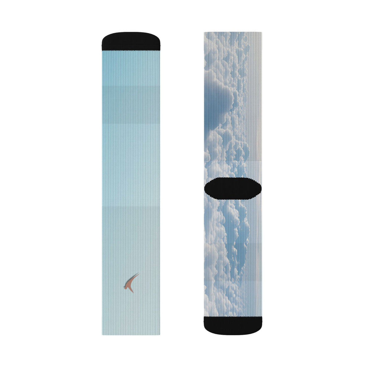 Nurse Crew Socks in light blue and white — blue sky cloud print with black toe and heel — flat layout of two panels, plain light blue with a small terracotta bird and cloud-print back