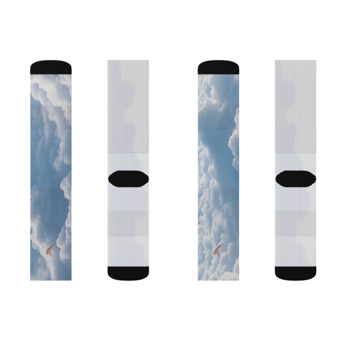 Nurse Crew Socks in blue and white — blue sky and white cloud print with black toe and heel — flat layout of the printed front and plain white back panels of both socks