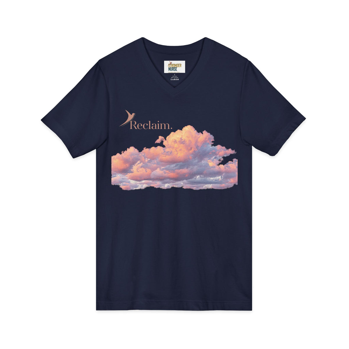 Nurse V-Neck Tee in navy, folded — "Reclaim." in terracotta with a rising bird above sunset-orange clouds, Stronger Nurse label visible at the neck