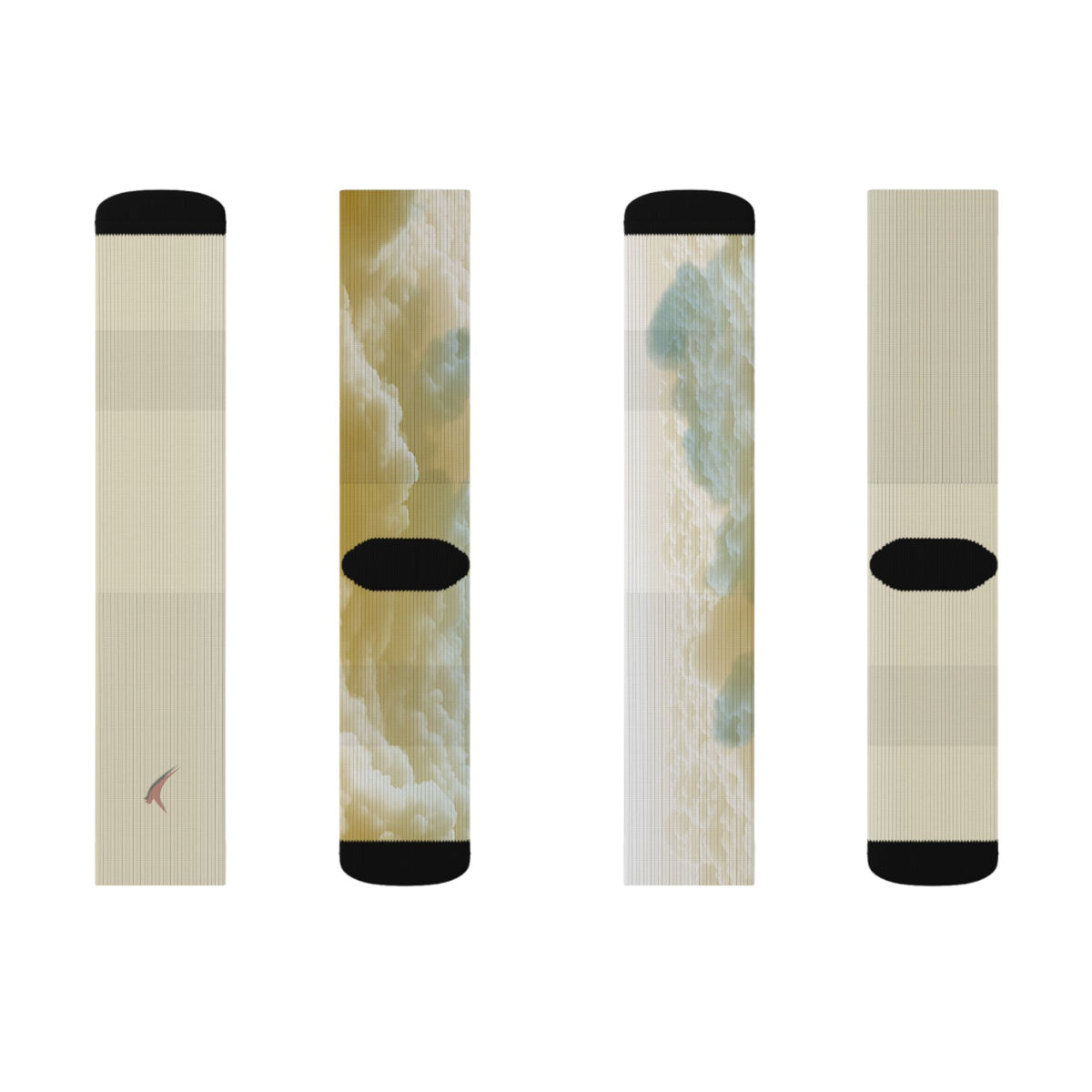 Nurse Crew Socks in cream and pale gold — golden cloud print with black toe and heel — flat layout of the front and back panels of both socks