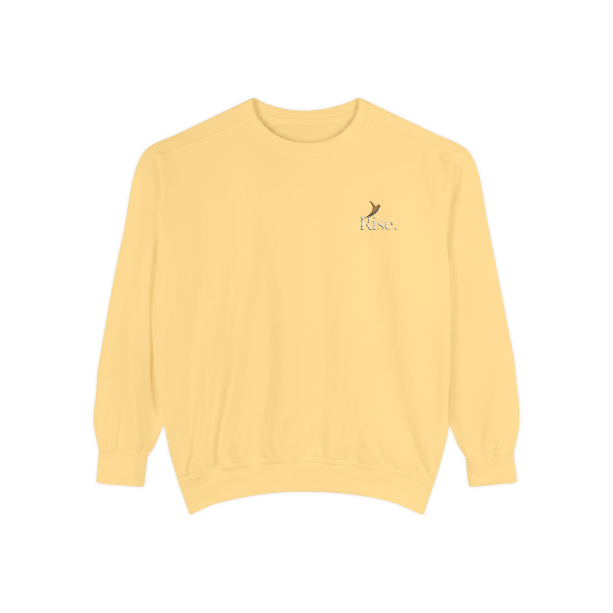 Embroidered Nurse Crewneck in pale yellow — small left-chest embroidery of a bird above "Rise.", front view