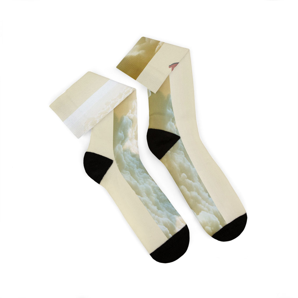 Nurse Crew Socks in cream and pale gold — golden cloud print with black toe and heel — pair laid flat with cuffs folded, cloud print along the foot