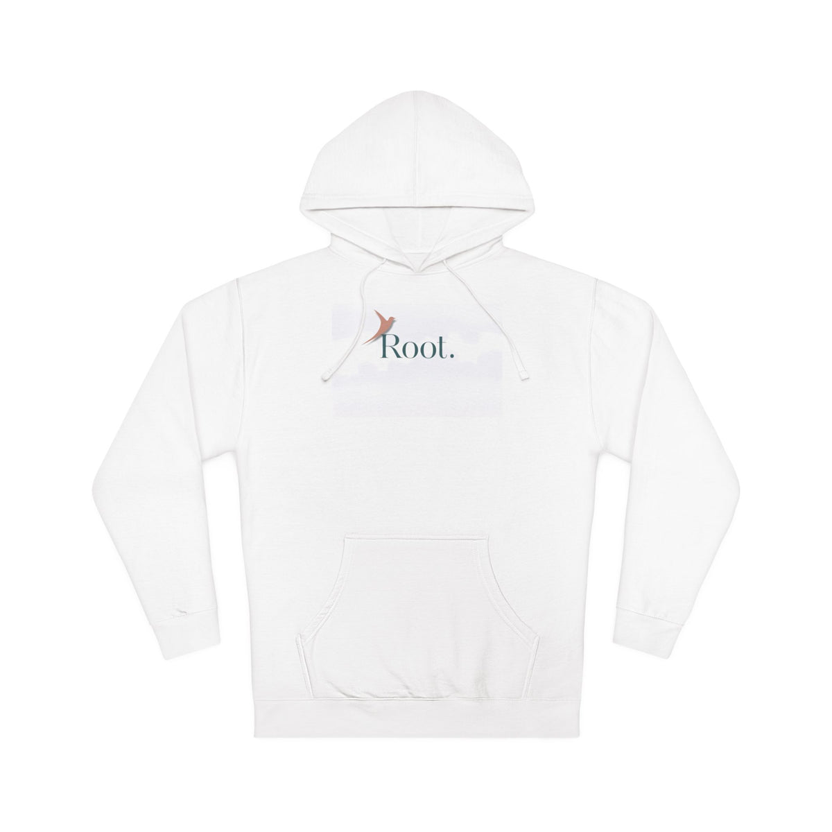 Nurse Pullover Hoodie in White — "Root." in dark teal with a terracotta rising bird over a faint cloud wash, front view