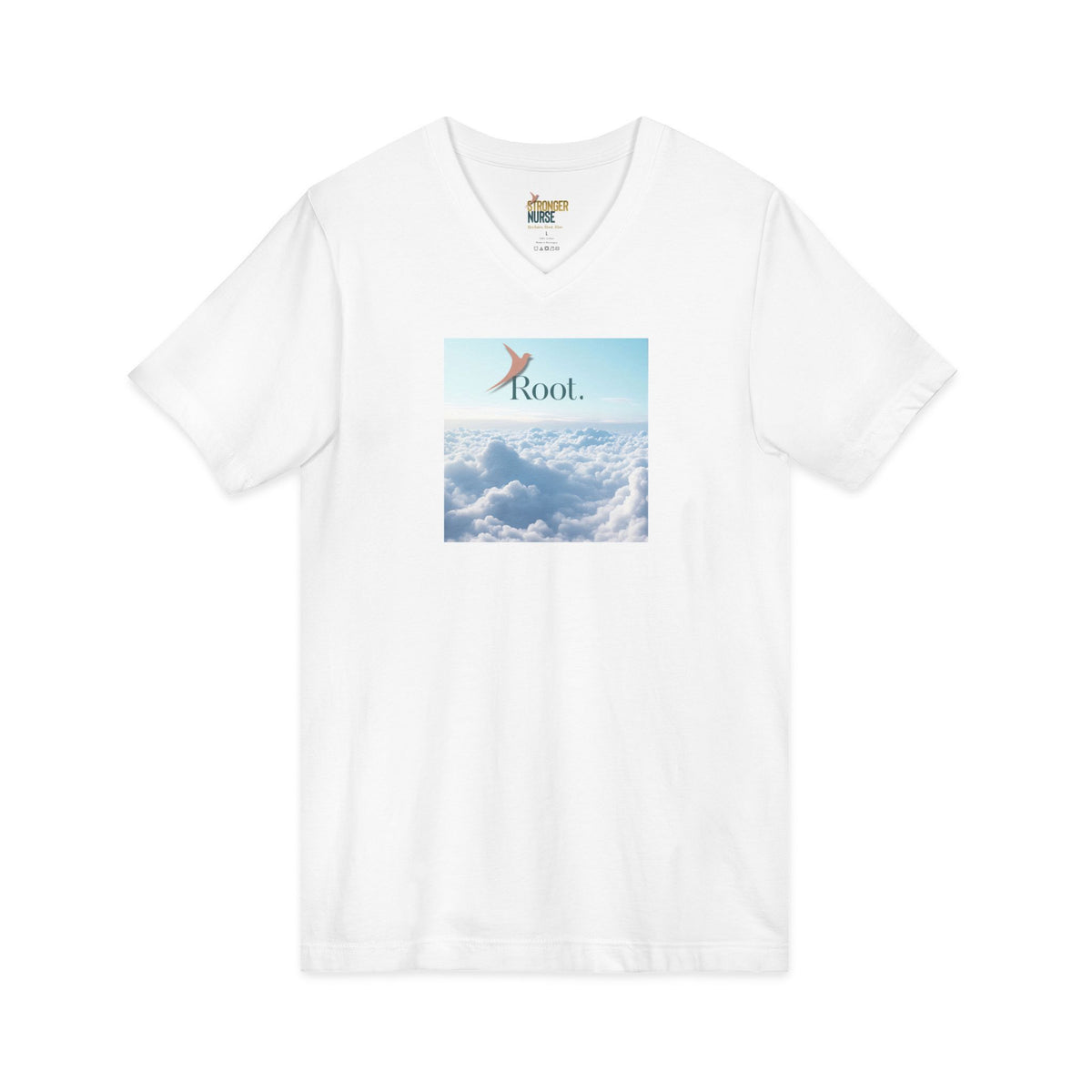 Nurse V-Neck Tee in white — "Root." in dark teal with a salmon rising bird over a square photo of white clouds, front view