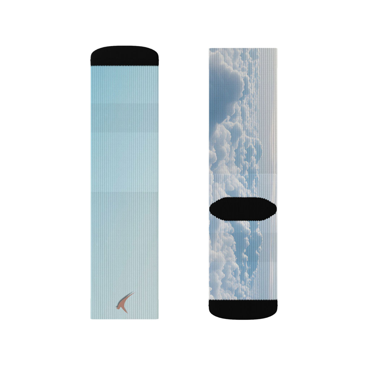 Nurse Crew Socks in light blue and white — blue sky cloud print with black toe and heel — flat layout of two panels, plain light blue with a small terracotta bird and cloud-print back, shorter length