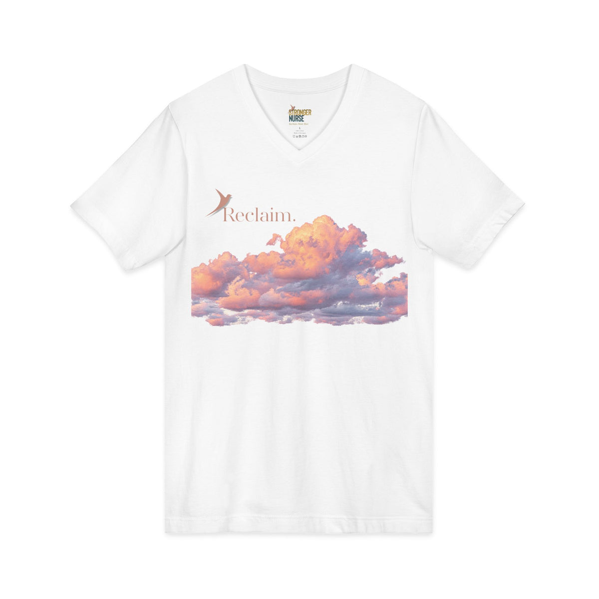Nurse V-Neck Tee in white — "Reclaim." in terracotta with a rising bird above a sunset-orange cloud band, front view