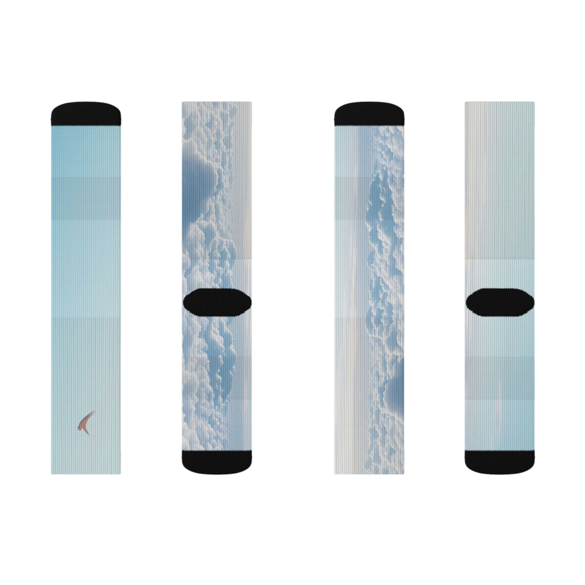 Nurse Crew Socks in light blue and white — blue sky cloud print with black toe and heel — flat layout of the front and back panels of both socks