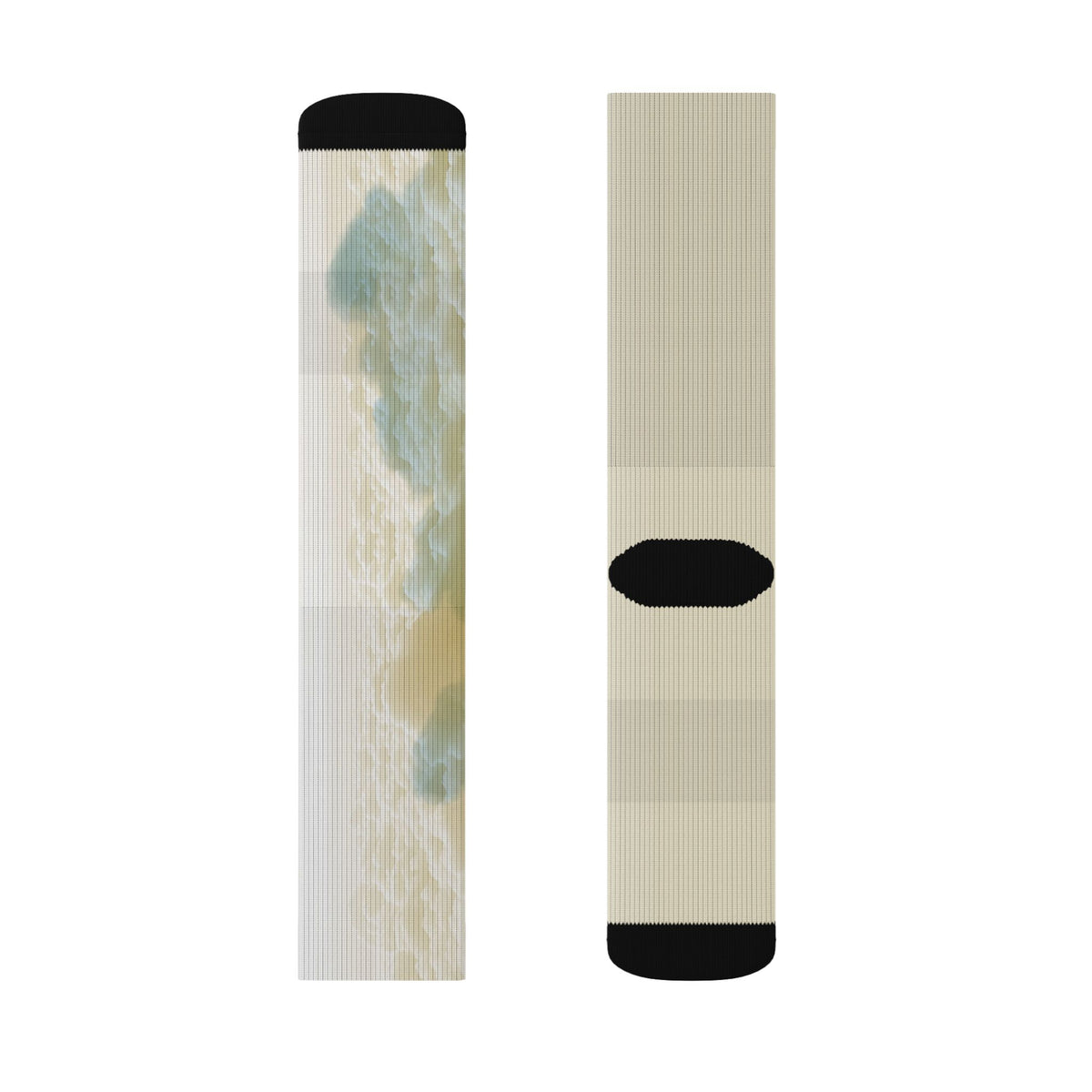 Nurse Crew Socks in cream and pale gold — golden cloud print with black toe and heel — flat layout of two panels, cloud print and plain cream