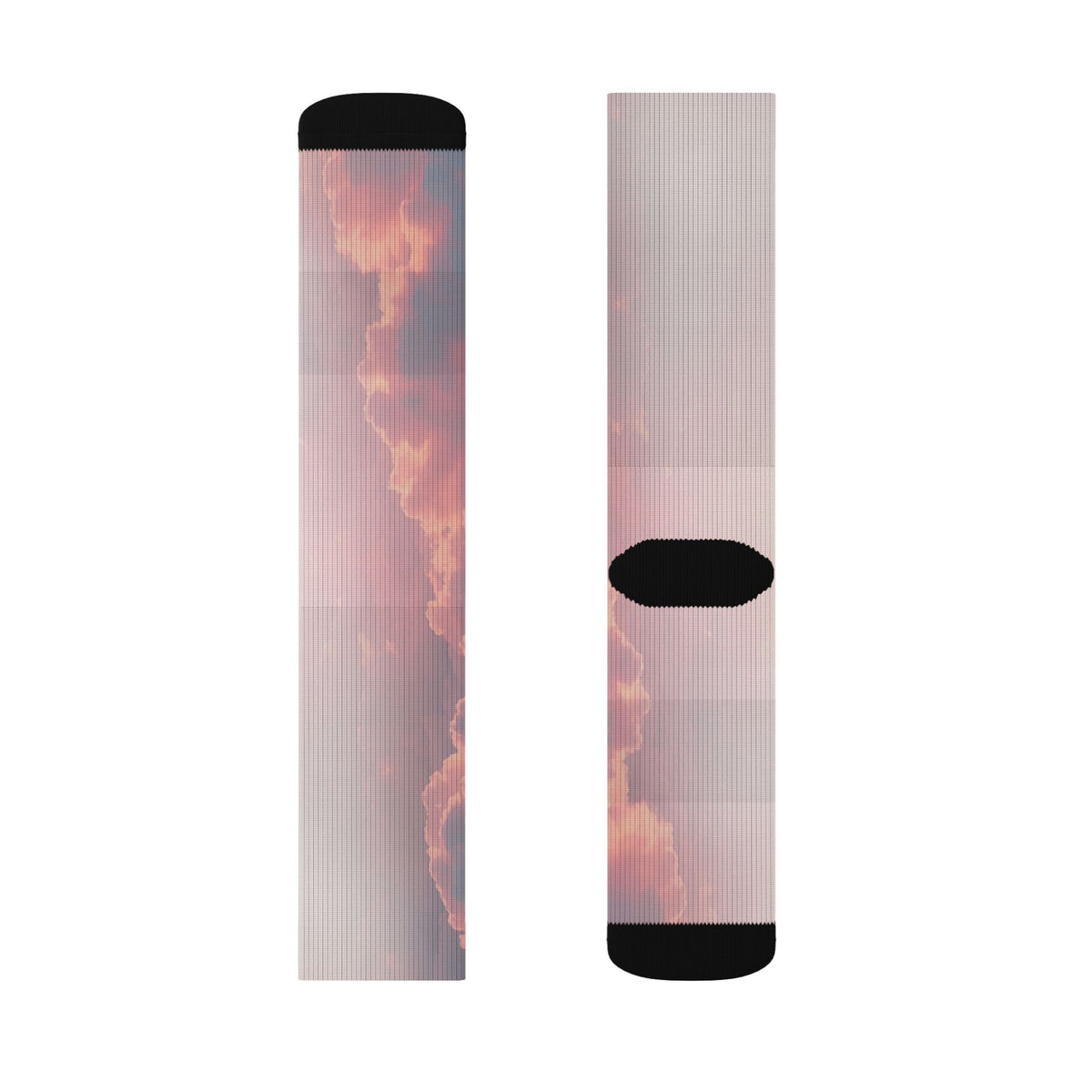 Nurse Crew Socks in blush pink and white — pink sunset cloud print with black toe and heel — flat layout of two panels, sunset cloud print and plain back