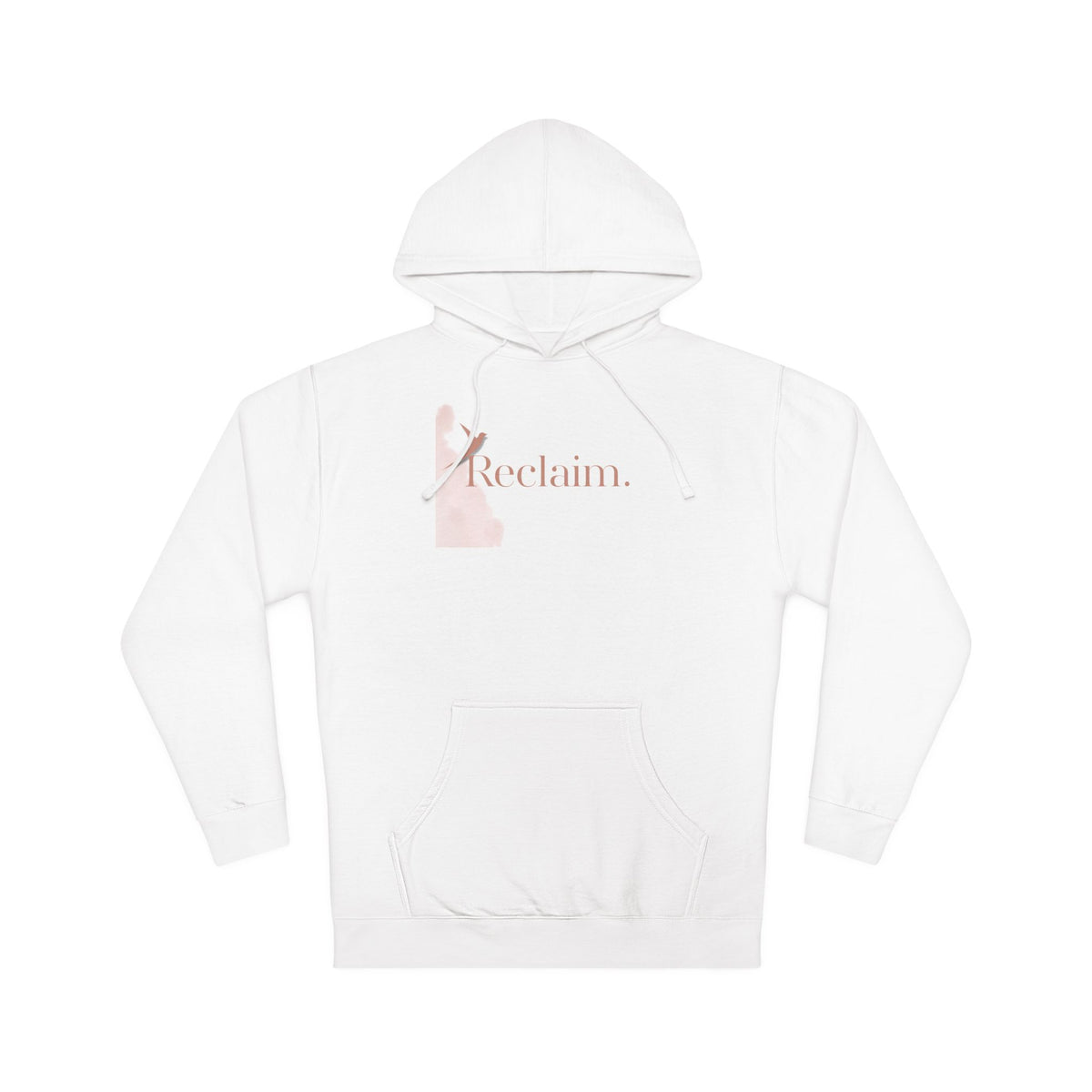 Nurse Pullover Hoodie in White — "Reclaim." in terracotta with a rising bird and a soft pink watercolor wash, front view