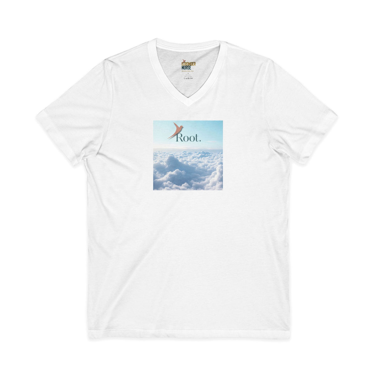 Nurse V-Neck Tee in white — "Root." in dark teal with a salmon rising bird over a square photo of white clouds, front view