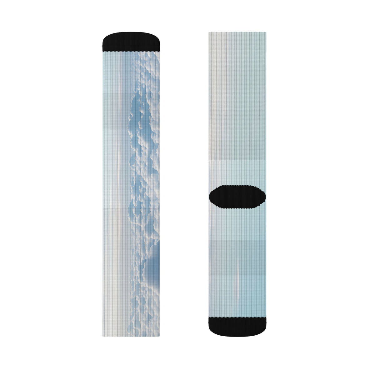 Nurse Crew Socks in light blue and white — blue sky cloud print with black toe and heel — flat layout of two panels, cloud print and plain light blue
