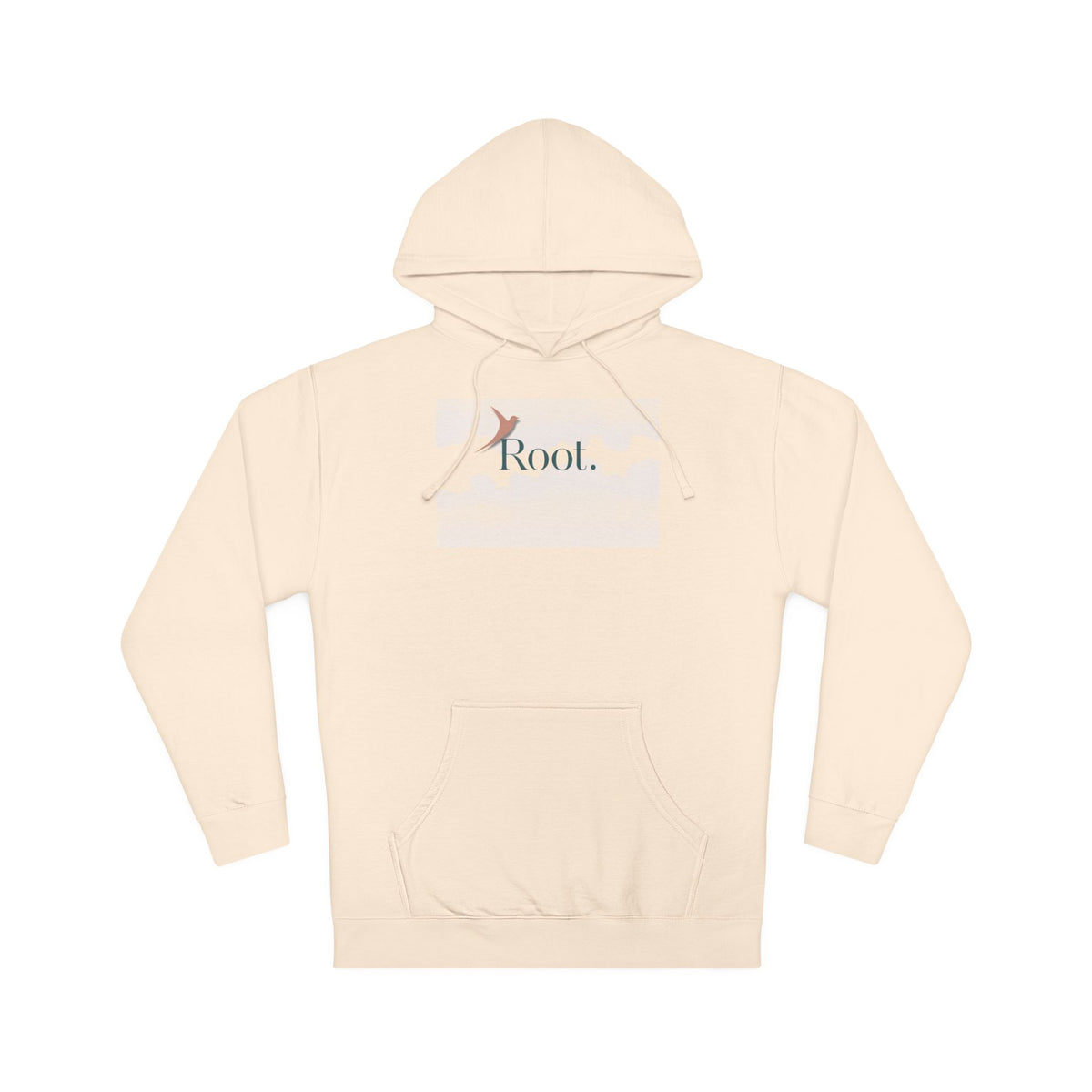 Nurse Pullover Hoodie in Bone — "Root." in dark teal with a terracotta rising bird over a faint cloud wash, front view