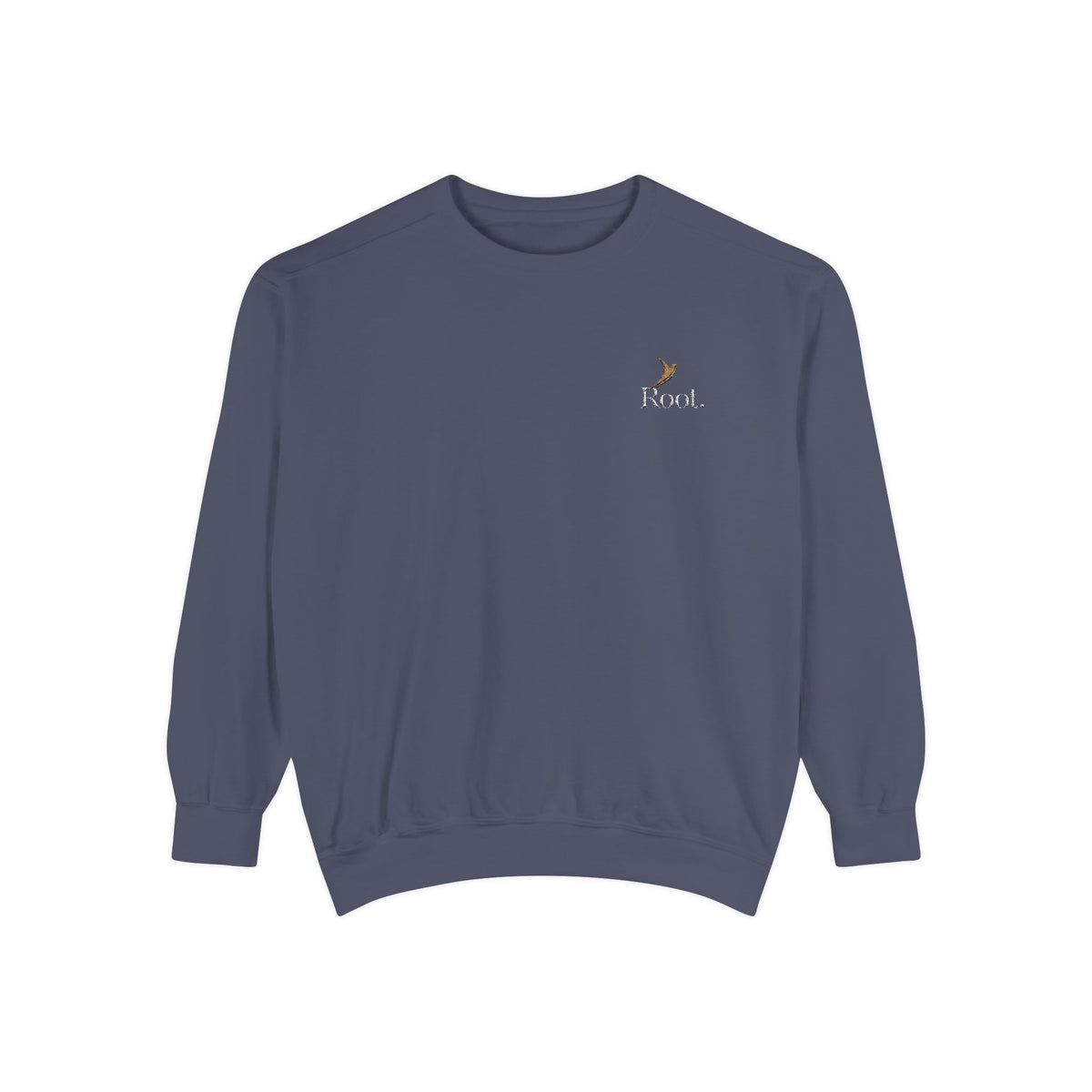 Embroidered Nurse Crewneck in slate blue — small left-chest embroidery of a gold bird above "Root." in white, front view