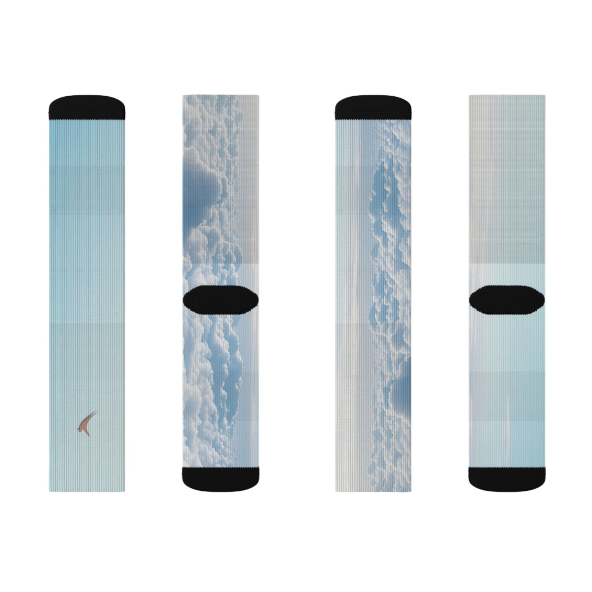 Nurse Crew Socks in light blue and white — blue sky cloud print with black toe and heel — flat layout of the front and back panels of both socks