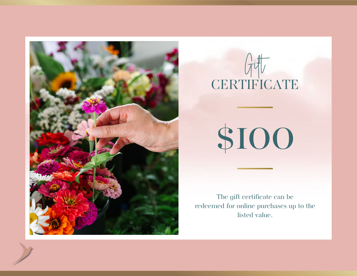 Stronger Nurse Gift Card — $100 gift certificate design in blush pink with a hand holding a pink zinnia among colorful flowers