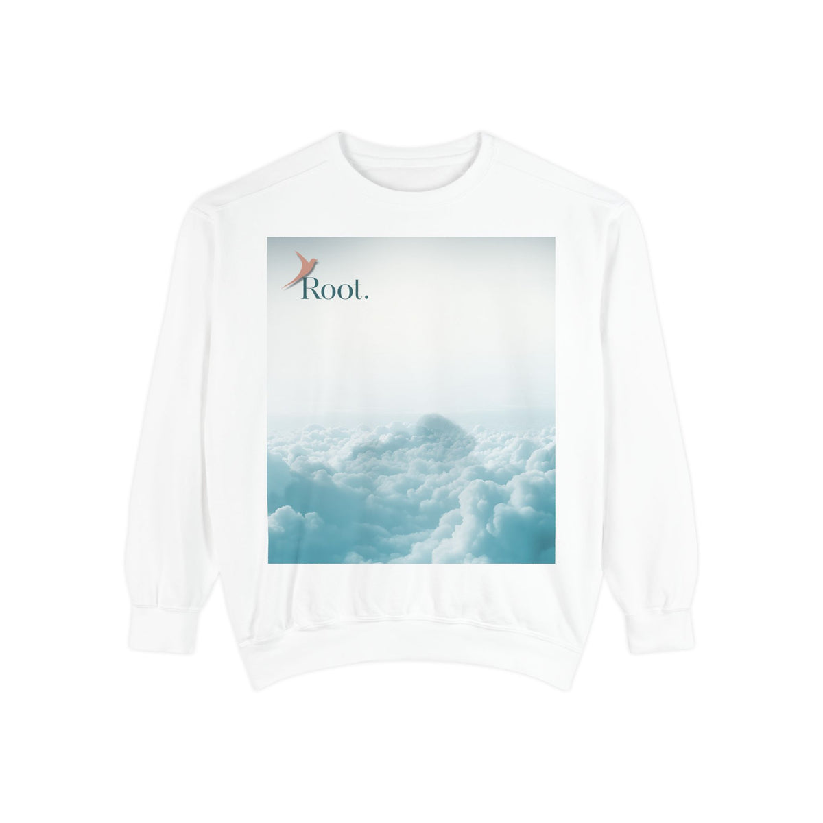 Nurse Crewneck Sweatshirt in white — "Root." in dark teal with a salmon rising bird over a teal cloudscape print, front view