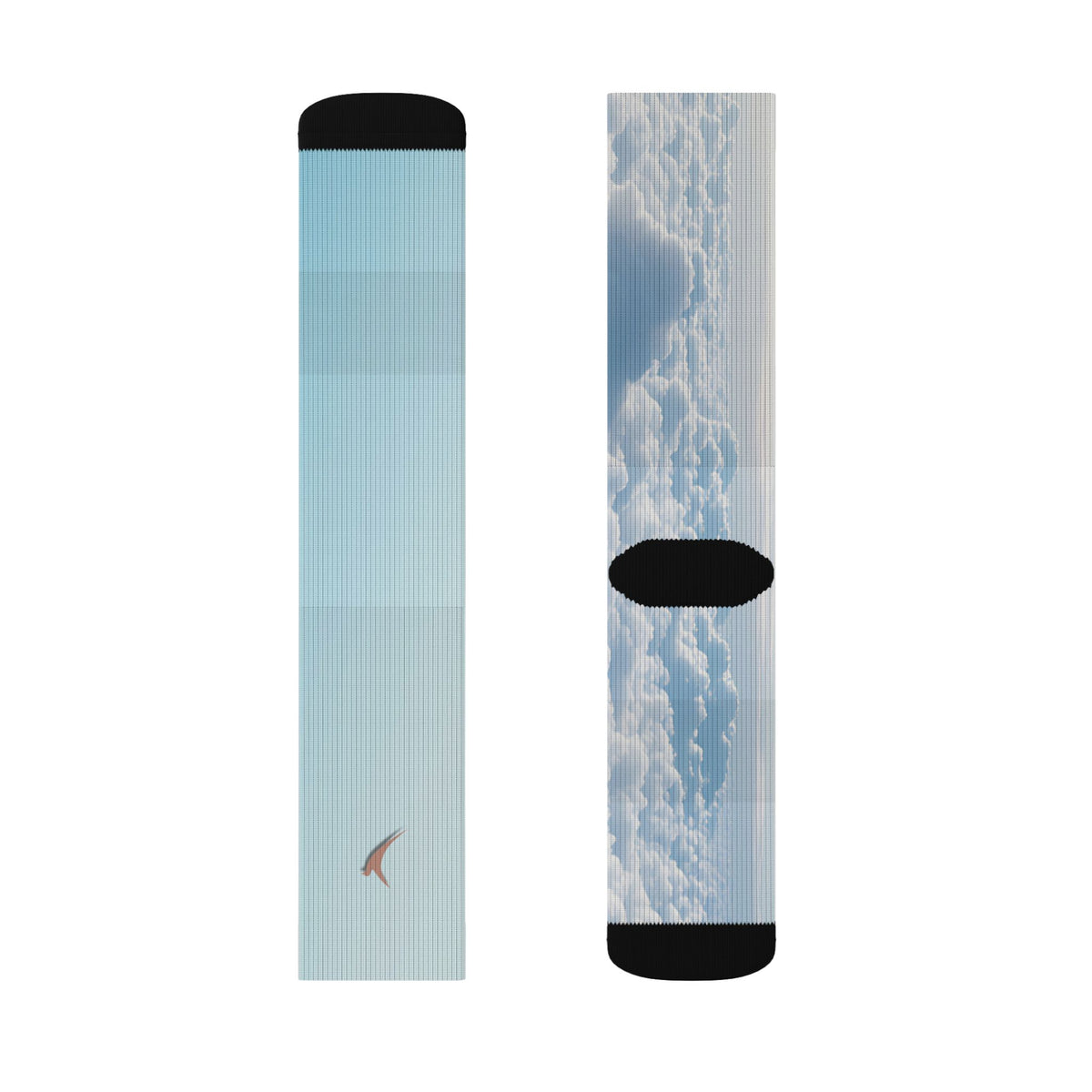 Nurse Crew Socks in light blue and white — blue sky cloud print with black toe and heel — flat layout of two panels, plain light blue with a small terracotta bird and cloud-print back