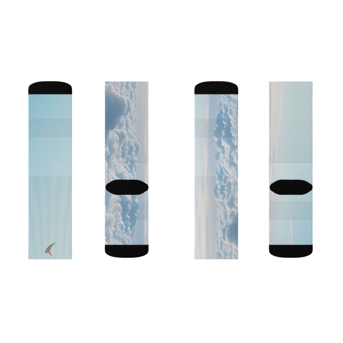 Nurse Crew Socks in light blue and white — blue sky cloud print with black toe and heel — flat layout of the front and back panels of both socks, shorter length