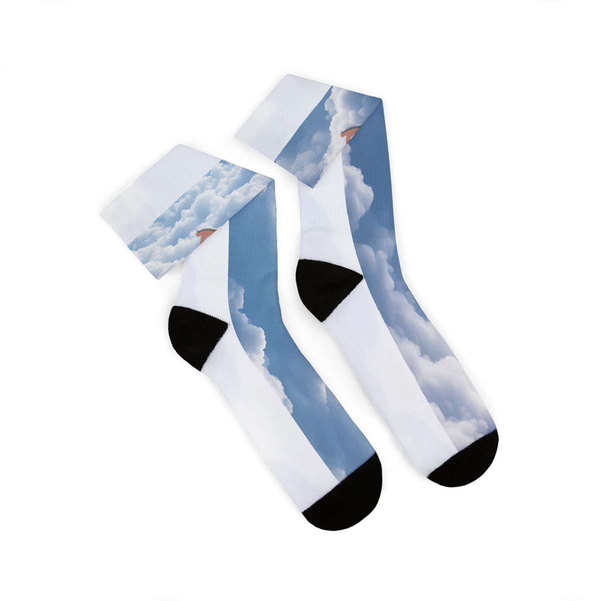 Nurse Crew Socks in blue and white — blue sky and white cloud print with black toe and heel — pair laid flat with cuffs folded
