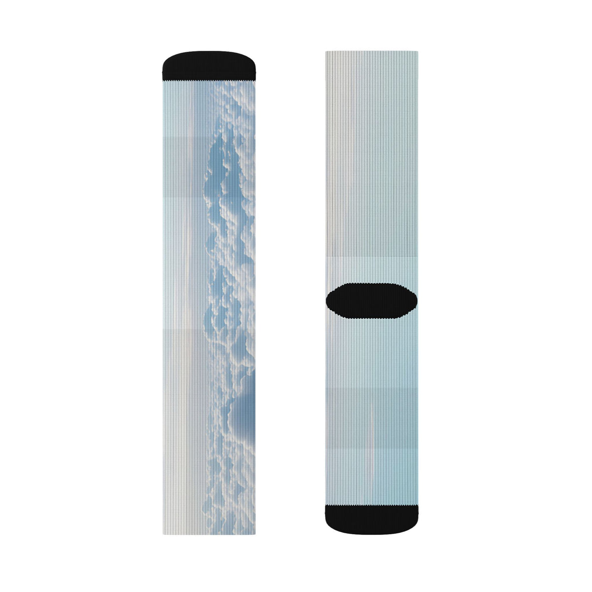 Nurse Crew Socks in light blue and white — blue sky cloud print with black toe and heel — flat layout of two panels, cloud print and plain light blue