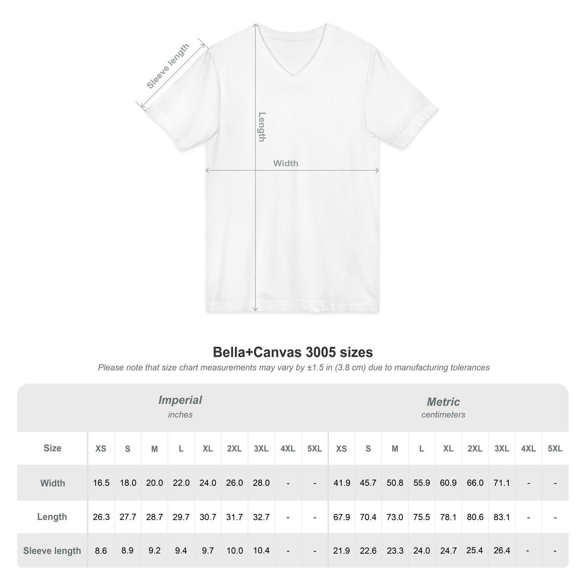 Nurse V-Neck Tee size chart — Bella + Canvas 3001C body length, chest, and sleeve measurements for sizes XS to 4XL, in inches and centimeters