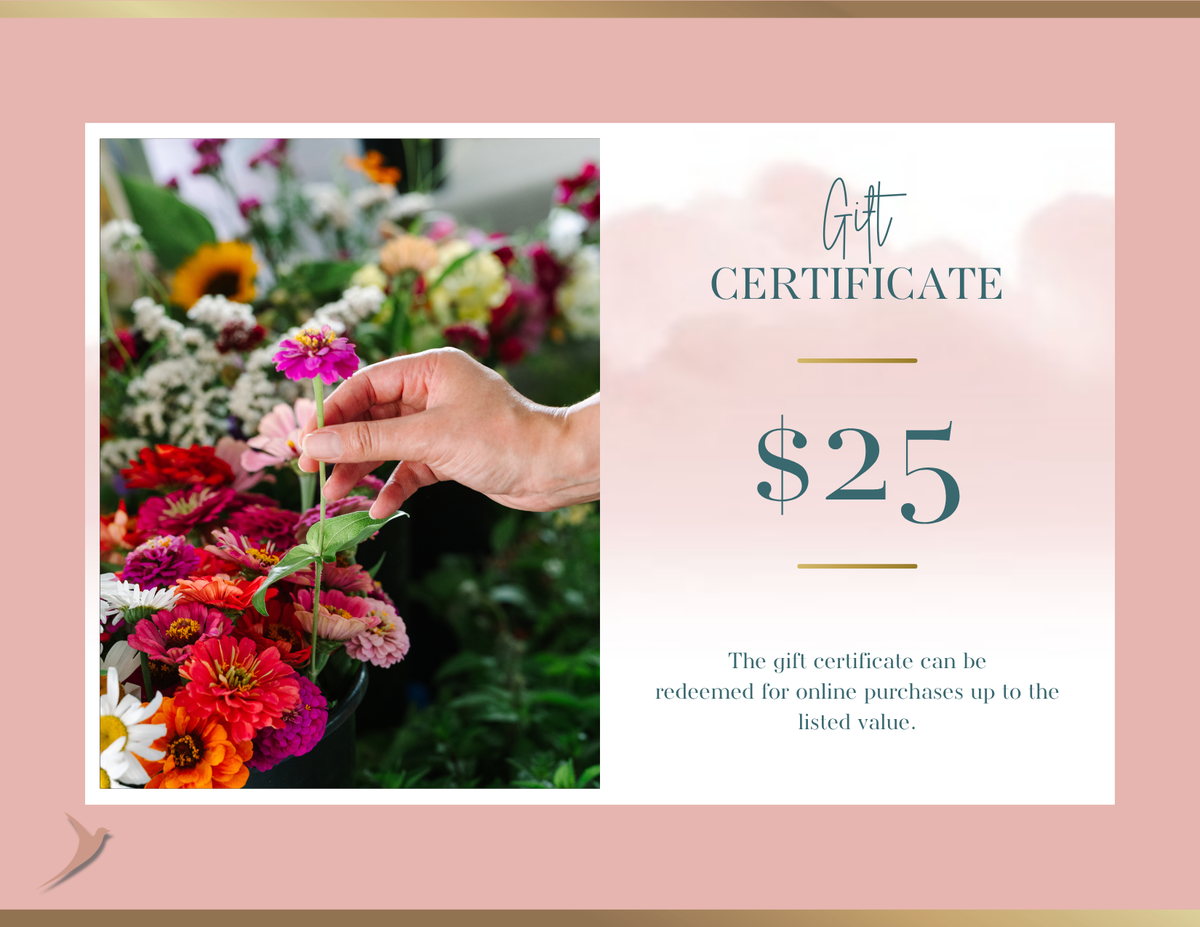 Stronger Nurse Gift Card — $25 gift certificate design in blush pink with a hand holding a pink zinnia among colorful flowers