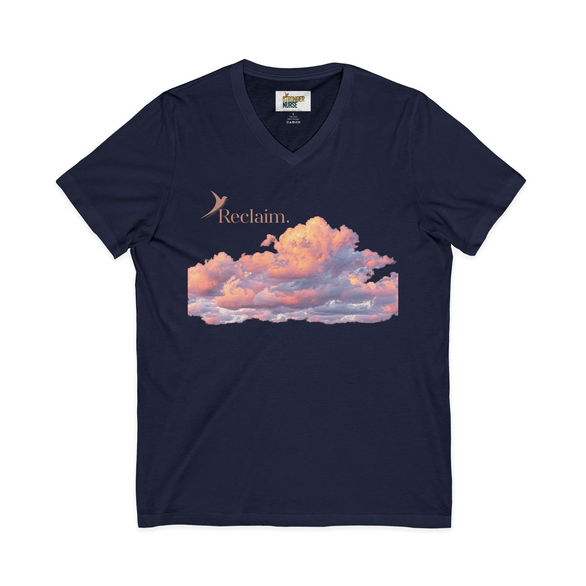 Nurse V-Neck Tee in navy — "Reclaim." in terracotta with a rising bird above a sunset-orange cloud band, front view