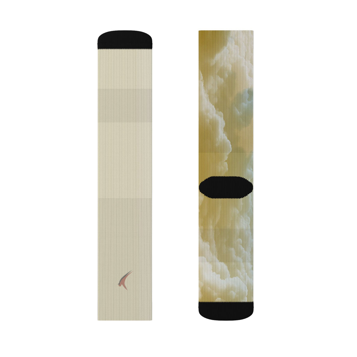 Nurse Crew Socks in cream and pale gold — golden cloud print with black toe and heel — flat layout of two panels, plain cream with a small terracotta bird and golden cloud print