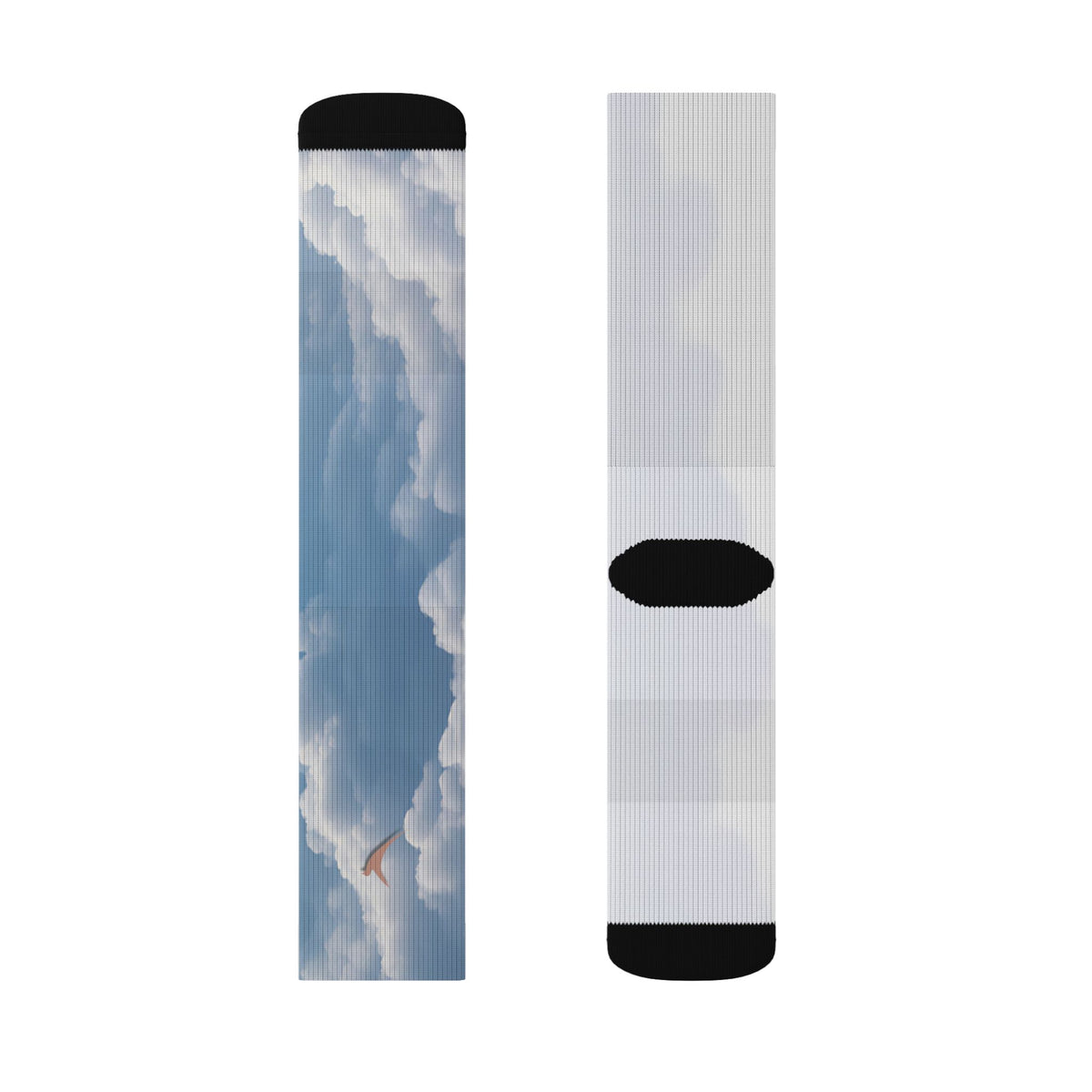 Nurse Crew Socks in blue and white — blue sky and white cloud print with black toe and heel — flat layout of two panels, cloud print with a terracotta bird and plain white back